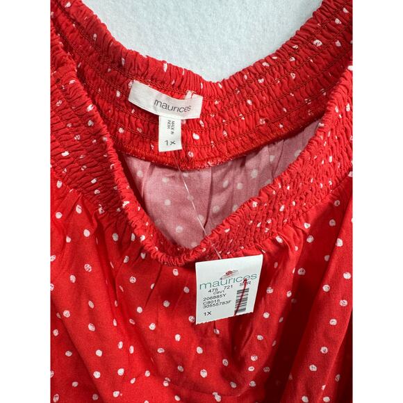 Maurices Red White Polka Dot Off Shoulder Peasant‎ Blouse 3/4 Sleeve Plus 1X New - Picture 2 of 7